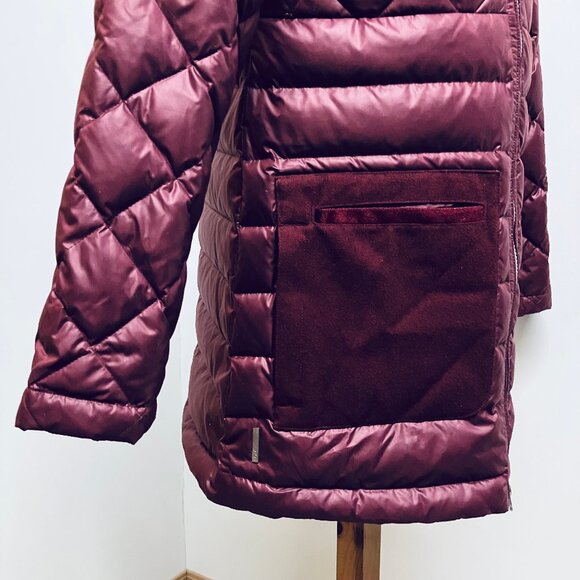 Lole Down Mid Length Quilted Coat Velvet Trim Puffer Burgundy NWOT - Picture 3 of 11
